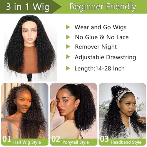 Hertune Kinky Curly Half Wig - 3-in-1 Glueless Wear & Go 14 Inch