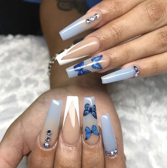 DOUBNINE Press On Nails Long Coffin Butterfly Blue French Tip Vintgae Glossry Acrylic False Nails with Jelly Double Sided Adhesive Luxury Full Cover Stick On Nails for Women