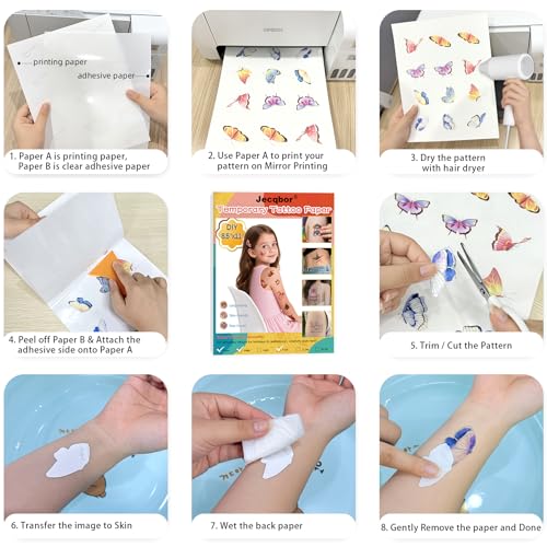Printable Temporary Tattoo Paper for INKJET Printer, 30-Sets Custom Tattoo Printer Sticker 8.5X11", DIY Personal Clear Transfer Paper for Kids, Family, Christmas, Birthdays, Parties, Festivals