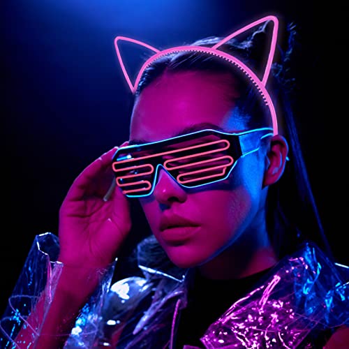 Glow in the Dark Cat Ears Headbands, 12pcs Plastic Light Up Hair Bands for Girls Party