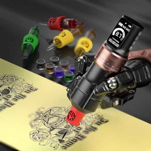 Poseidon Tattoo Gun Kit Wireless Machine Kit 7 Strokes Length with 2pcs 2300mAh Batteries Power Supply 11 Tattoo Ink 20 Pcs Tattoo Needle Cartridges for Beginner and Artist