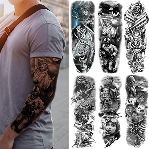 Military Temporary Tattoo Sleeves - 6 Sheets Full Arm