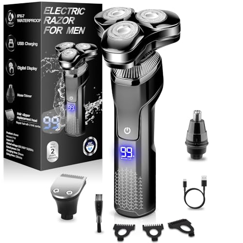 Electric Razor for Men, LED Display 100% Waterproof Cordless Razor, Wet/Dry Shaving,Electric Shaver for Men Includes Nose Hair Trimmer Beard Trimmer Travel Shaver