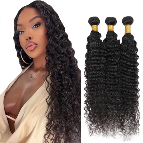 GTaiiReu 1B Black Deep Wave Human Hair Bundles 28 Inch, 3 Pack, Brazilian Virgin