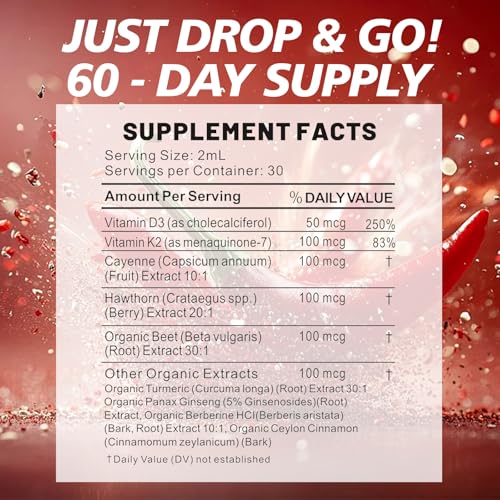 ONAISE Cayenne Drops - Cayenne Pepper Drops Liquid Supplement with Organic Hawthorn, Beet Root, Turmeric, Vitamin K2 D3-2FL.OZ-2PCS
