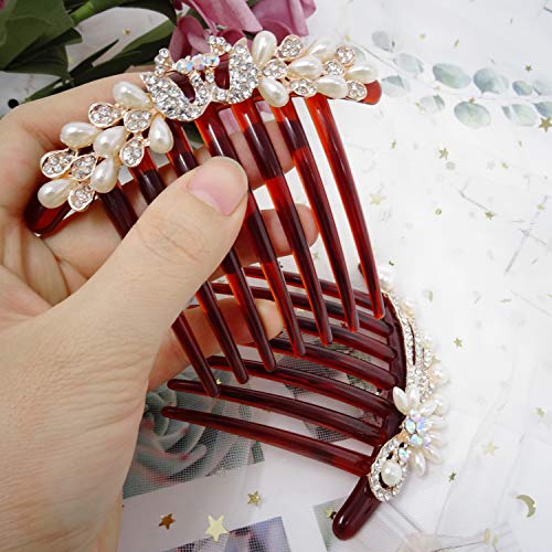 Honbay 2PCS 7 Teeth Hair Side Combs Pearl Crystal Rhinestone Floral Twist Combs Rhinestone Flower Hairpin Decorative Hair Combs Accessories for Women (2 Style)