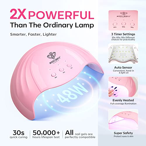 Modelones UV Light for Gel Nails with 2 Pairs of UV Gloves, 48 W Nail Dryer with 3 Timer Settings, Nail Lamps for Gel Polish, Professional UPF99+ UV Protection Gloves for Nail Art Manicure