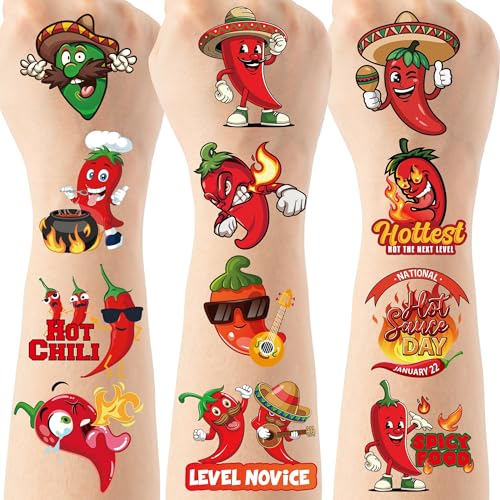 Chili Cook Off Temporary Tattoos - 200 Spicy Pepper Fiesta Decorations Supplies, Mexican Party Favors Fake Tattoo for Cooks Guests, School Prize (8 sheets)
