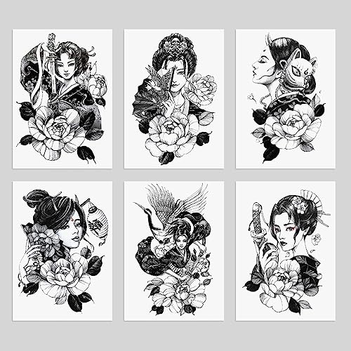 6 Sheets Waterproof Arm Temporary Tattoo Stickers Black Japanese Geisha Women Lady Samurai Fan Sword Crane Flower Fox Keaton Mask