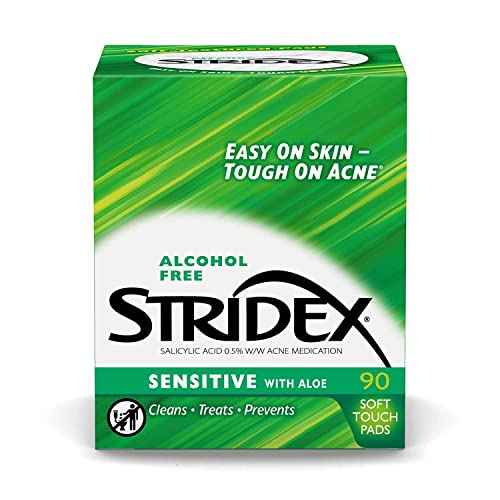 Stridex Sensitive Medicated Acne Pads, 90 Count, Pack of 3 - Alcohol-Free Face Pads, Facial Cleansing Wipes, Mild to Moderate Acne Treatment, Smooth Application