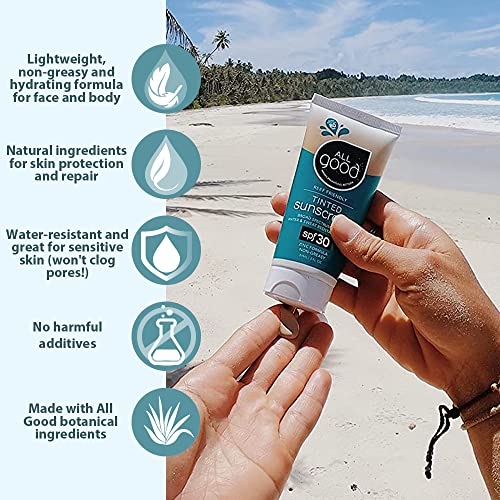 All Good Tinted Mineral Sport Sunscreen Lotion for Face & Body - UVA/UVB Broad Spectrum, SPF 30, Coral Reef Friendly, Water Resistant, Coconut Oil, Jojoba Oil, Shea Butter, Aloe (3 oz)