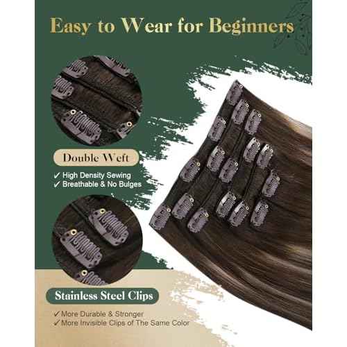 Ugeat Balayage Clip in Hair Extensions 22 Inch Double Weft Human Hair Extensions Clip ins Dark Brown Human Hair Clip in Extensions Ash Brown Ombre 7Pcs 120G 4/18/4