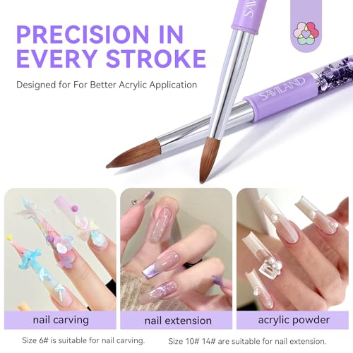 SAVILAND Kolinsky Acrylic Nail Brush Set - Sizes 6, 10, 14 with Cleaner Tool