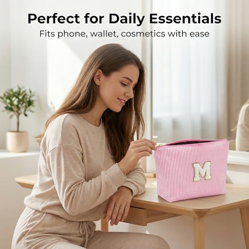 24 PACK Makeup Bags Bulk-Easter Gifts/Seersucker Bulk Cosmetic Bags/Bridesmaid Proposal Gifts/Makeup Pouch for Wedding Party Favors Birthday/Teacher/Mothers Day Gifts/Toiletry Travel Bags(24, Pink)