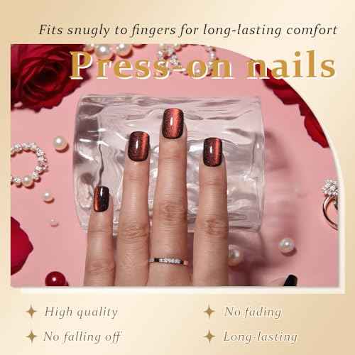 evpct Wine Red Cat Eye Extra Short Square Press on Nails, Petite Short Square Glue on Nails for Women Gift, Wine Red Holographic Glossy Fake Nail Reusable, Soft Gel Press on Acrylic Nail with Designs