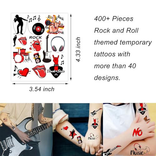 420 Pieces Rock and Roll Temporary Tattoos - 80s 90s Party Supplies Musician Guitar Rap Birthday Party Favors Decorations Tattoo