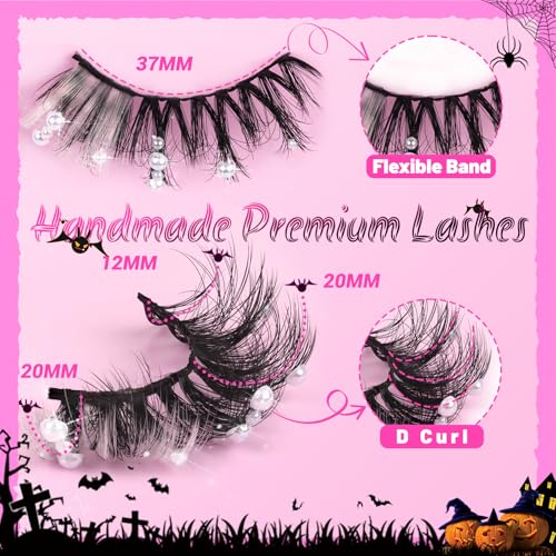 Veleasha Christmas Lashes Wispy Lashes with Pearl & White Stripes 20mm Cosplay False Eyelashes 3D Fake Lashes Kit with Lash Glue and Tweezers Handmade False Lashes for Masquerade Party (Snow White)