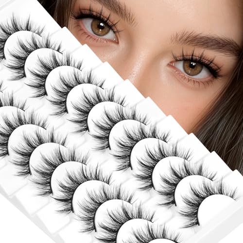 False Eyelashes Manga Lashes 10 Pairs Wispy Lashes Strips C Curl Fake Eyelashes 10-15mm Anime Lashes Fluffy Faux Mink Lashes Natural Look (FM03)