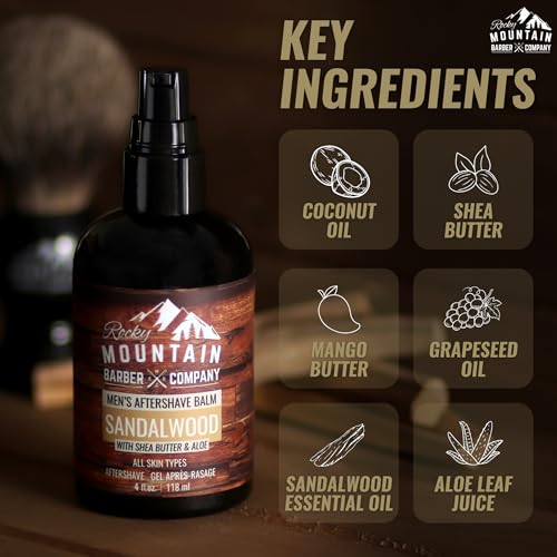 Rocky Mountain Barber Company Aftershave Balm for Men – with Sandalwood Essential Oil, Coconut Oil and Shea Butter – Applies Easily - 4 oz