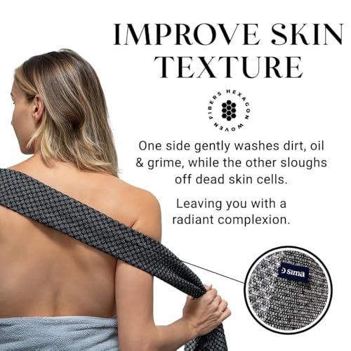 Exfoliating Washcloth Face & Body Scrub Towel - Japanese Exfoliating Towel with Hexagon Fibers, Body Scrubber with 2 Sides for Scrubbing & Washing, Extra Long Body Towels (Black)