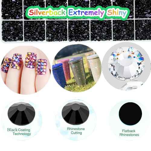 22000pcs Black Rhinestones for Bedazzling Kit, 2mm 3mm 4mm 5mm 6mm Flatback Black Gems Bedazzling for Crafting, Non-Hotfix SS8-SS30 Gems Bedazzler with B7000 for DIY Nails Decoration