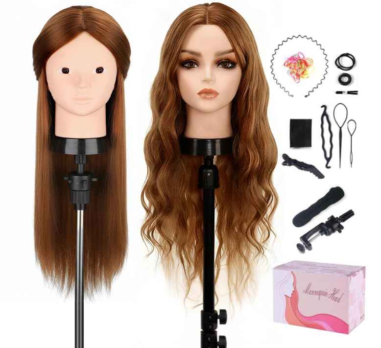 Mannequin Head with 80% Human Hair, TopDirect 24" Brown Real Hair Cosmetology Mannequin Head Hair Styling Hairdressing Practice Training Doll Heads with Clamp Holder and Tools