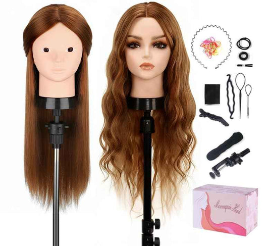 Mannequin Head with 80% Human Hair, TopDirect 24" Brown Real Hair Cosmetology Mannequin Head Hair Styling Hairdressing Practice Training Doll Heads with Clamp Holder and Tools