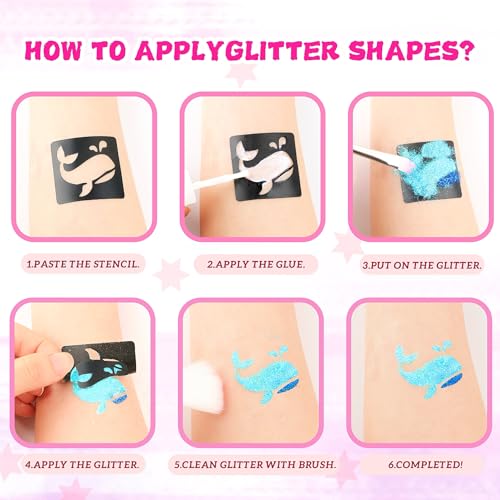 Glitter Tattoos Kit for Kids, 9 Face Gems, 24 Colors Glitter, 60 Tattoo Stickers, 64 Tattoo Stencils, 1008 Rhinestones, 5 Makeup Brushes, 2 Glue, 1 Mini Scissors, Great Holiday Gift for Girls & Boys.