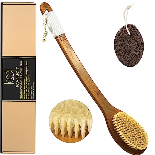 Natural Boar Bristle Bath Brush with Long Bamboo Handle