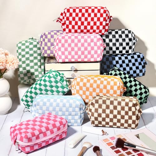 SOIDRAM 12PCS Colorful Checkered Makeup Bags - Travel Toiletry Organizer