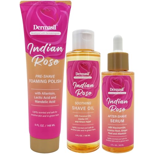 Indian Rose Shave Care Set for Women & Teens - Pre-Shave Polish, Soothing Shave Oil & After-Shave Serum
