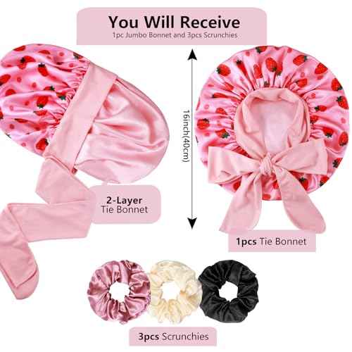 1+3 Large Satin Bonnets with Scrunchies for Women, Double Layer Hair Bonnet Tie Bonnet for Sleeping Braids Curly Hair