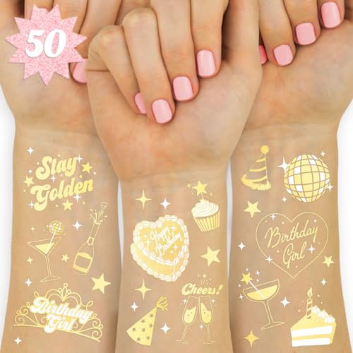 Gold Foil Birthday Temporary Tattoos - 50 Pack