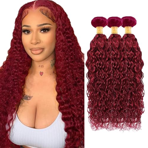 WuvuSnm Burgundy Water Wave Hair Bundles 26 28 30 Inch 99J Red Human Hair