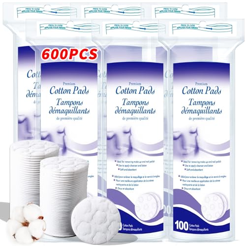 Premium Cotton Pads for Face, 600 Count Round Makeup Remover Pads, 100% Pure & Natural Organic Cotton Rounds, Lint-Free Facial Pads Cleansing Cotton (100 Count (Pack of 6))