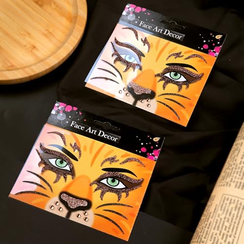 QDTK Lion Face Stickers Glitter Lion Face Gems Face Jewels Self-Adhesive Animals Temporary Tattoos Stickers for Face Eyes Halloween Cosplay Party Makeup Supplies 2Pcs