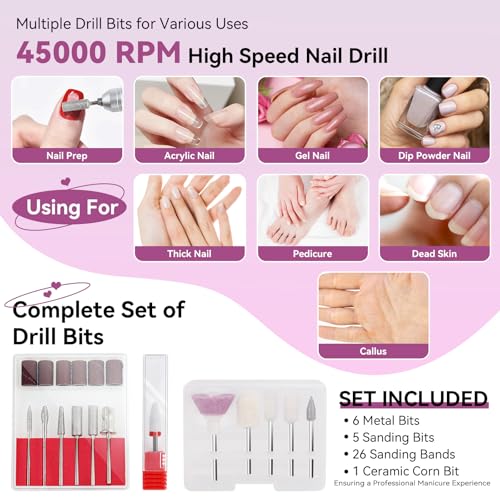 Vrenmol Professional Electric Nail Drill - 45000 RPM, 8-Hour Battery Life
