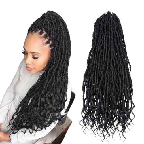 Niseyo Wild Locs 24 Inch Distressed New Faux Locs with Curly Ends 8 Packs Long Soft Pre-looped Goddess Crochet Hair (1B, Natural Black)