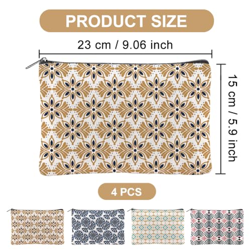 4Pcs Boho Makeup Bags 5.91x9.06 inch Floral Canvas Cosmetic Bags with Zipper Canvas Travel Toiletry Pouches for Women Party Shopping Home Accessories(Orange Blue Green Gold)