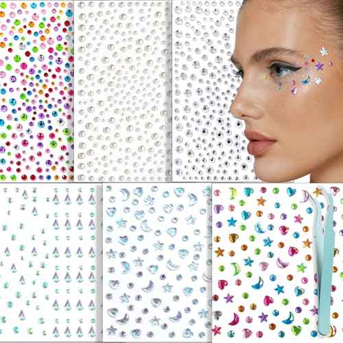 NOOEPC Self Adhesive Face Gems Stickers, Hair Gems Face Jewels Eye Jewels Rhinestones Festival Essentials Rave Accessories Rhinestone for Face, Eye, Makeup Stickers for Kids,Women