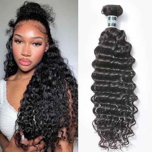 ASHINE Human Hair Bundle Deep Wave Unprocessed Cambodian Raw Hair 18 Inch, Flip Over Quick Weave Wet and Wave Bundles for Women Natural Black