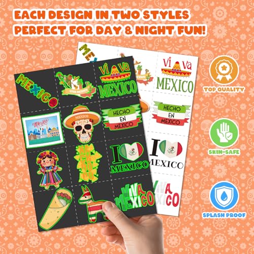 96 PCS Mexican Fiesta Party Favors ? 72 Glow & Regular Tattoos + 24 Slap Bracelets, Perfect for Cinco de Mayo, Birthdays & Cultural Celebrations
