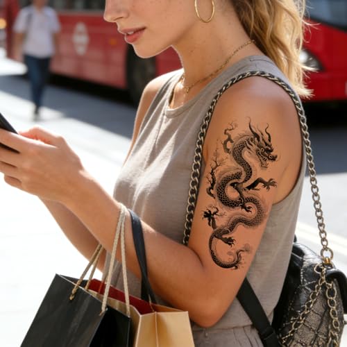 Konsait Large Dragon Temporary Tattoos for Men Women, 10 Sheet Half Arm Set