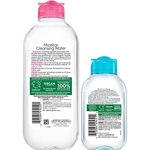 Garnier Micellar Cleansing Water, All-in-1 Makeup Remover and Facial Cleanser, For All Skin Types, 3.4 Fl Oz (100mL), 1 Count (Packaging May Vary)