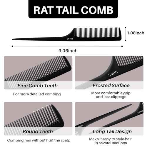 RHOS Rat Tail Combs for Parting, Fine Tooth Teasing Comb with Pick, 2 Pack Hair Styling Combs Set for Women and Men, Black, ABS Material