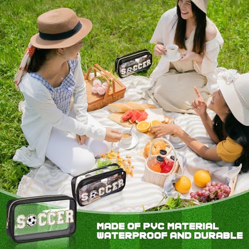 12 Pcs Soccer Clear Cosmetic Makeup Bag with Chenille Letter Patch Sport Goodie Clear PVC Pouch Organizer Waterproof Travel Toiletry Bags for Sports Theme Birthday Party Supplies