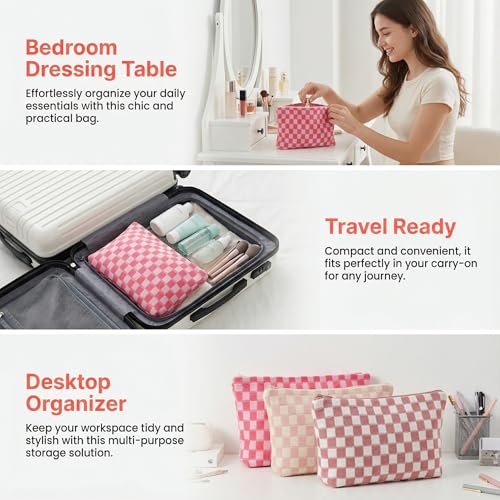 12 PACK Checkered Makeup Bags Bulk-Easter Gifts/Bulk Cosmetic Bags/Large Bridesmaid Gifts/Makeup Pouch for Wedding Party Favors Birthday/Teacher/Mothers Day Gifts/Toiletry Travel Bags(12, Pink)
