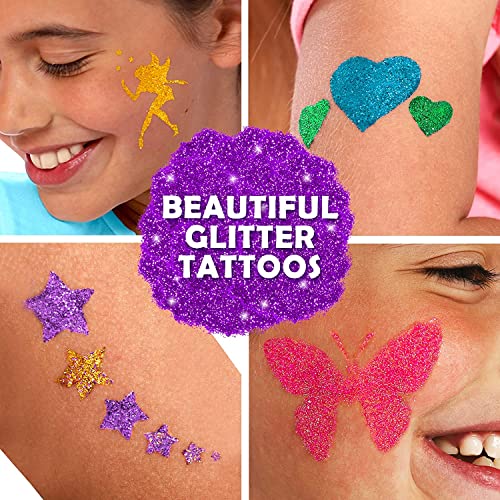 Original Stationery Glitter Tattoo Kit - 33-Piece Multicolor Set, Ages 3-8, 24 Stencils, 6 Color Pots, 2 Brushes & Adhesive - Glitter Tattoos for Kids & Sleepover Party Supplies