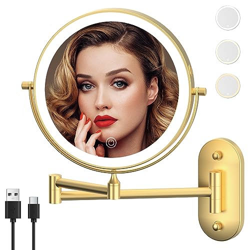 Rechargeable Wall Mounted Lighted Makeup Vanity Mirror 8 Inch Double Sided 1X 10X Magnifying Bathroom Mirror, 3 Color Lighting, Touch Screen Dimming, 360 Rotation Shaving Mirror