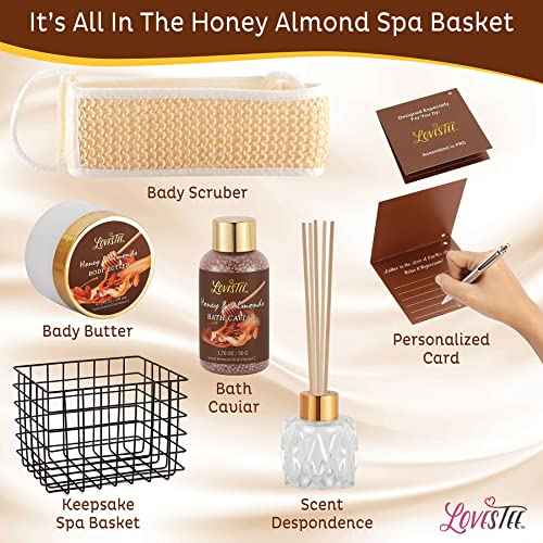 Mother's Day Spa Gift Baskets For Women, Honey Almond Body Set, Birthday Gift - Shower Gel, Bubble Bath, Body Butter, Bath Salt, Oil, Candle, Caviar, Soap, Home Diffuser, Scrubber